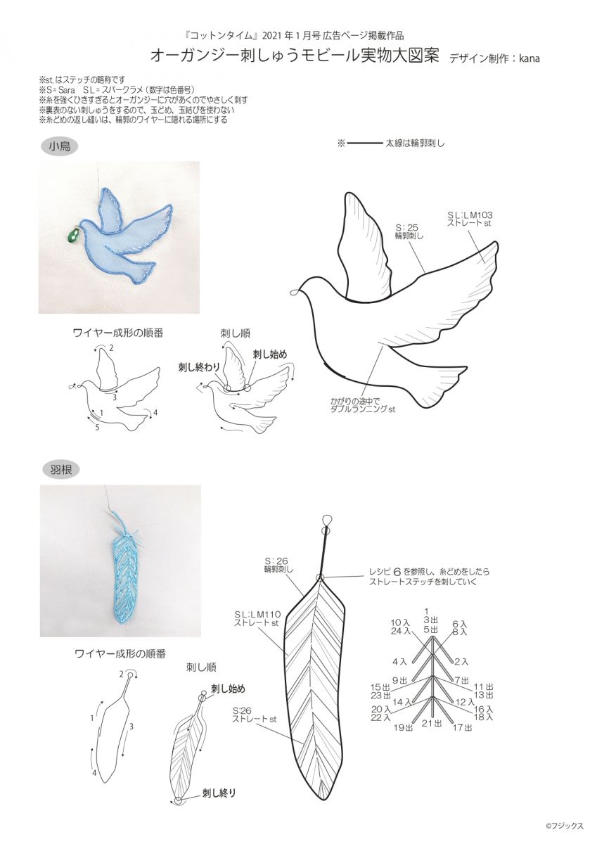 オーガンジー刺しゅうのモビール 小鳥 羽根 鳥かご オーナメント 手づくりレシピ そーいんぐ Com